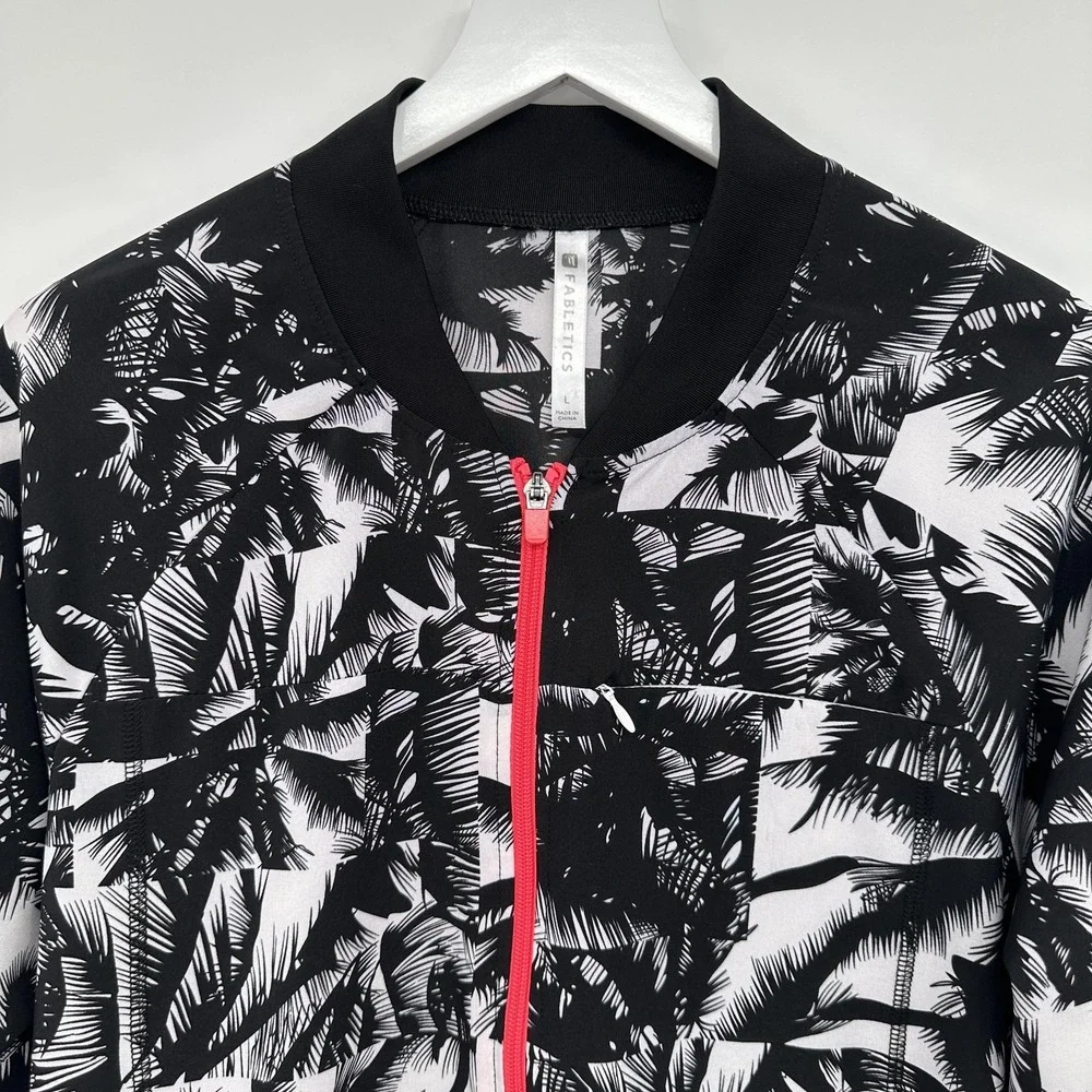 Fabletics Jacket Womens Large Black White Palm Print Full Zip Athletic Pockets‎
